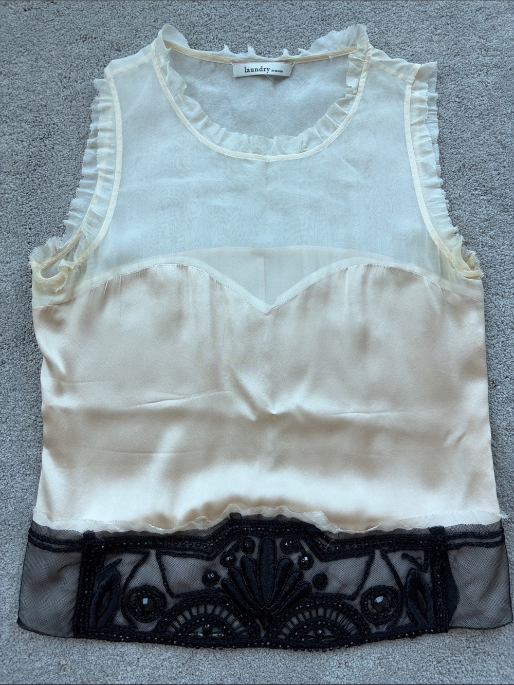Laundry By Shelli Segal Cream & Black Sheer Ruffle Trim Sleeveless Top
